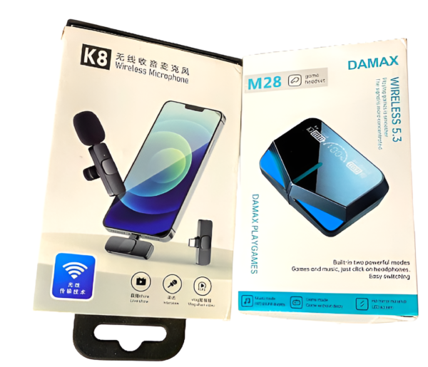 deal pack of 2 - k8 mic collar wireless microphone & m28 airbuds tws wireless earbuds