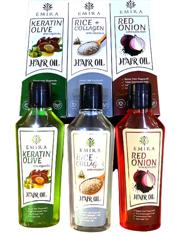 pack of 3 - emira keratin olive with argan hair oil | red onion with black seed hair oil | rice + collagen with minerals hair oil - 120ml