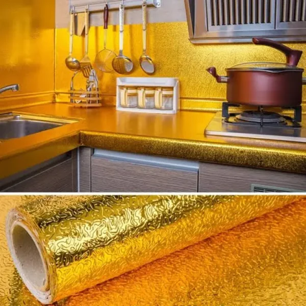 (size: 60*2m) - golden foil kitchen wallpaper stickers, peel & stick aluminum foil wall paper, self-adhesive oil proof waterproof sticker for kitchen