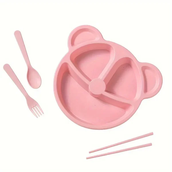 5 pcs bear plate set - cartoon compartment dinner plate | includes divided plate, fork & spoon, perfect for toddlers & preschoolers (random color) - Image 12