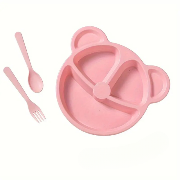 5 pcs bear plate set - cartoon compartment dinner plate | includes divided plate, fork & spoon, perfect for toddlers & preschoolers (random color) - Image 3