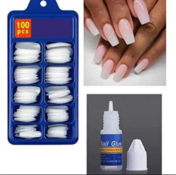 (square shape )artificial nails 100pcs with nail glue, beautiful fancy fake nails ,acrylic nails kit transparent & natural false nail - Image 9
