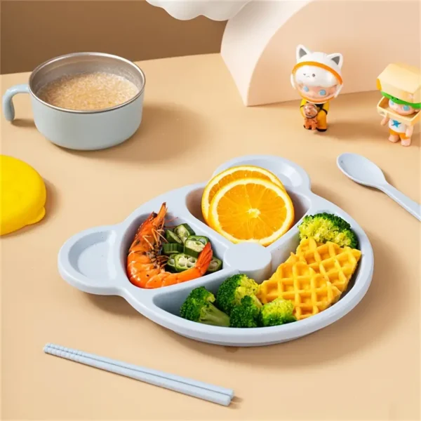 5 pcs bear plate set - cartoon compartment dinner plate | includes divided plate, fork & spoon, perfect for toddlers & preschoolers (random color) - Image 7