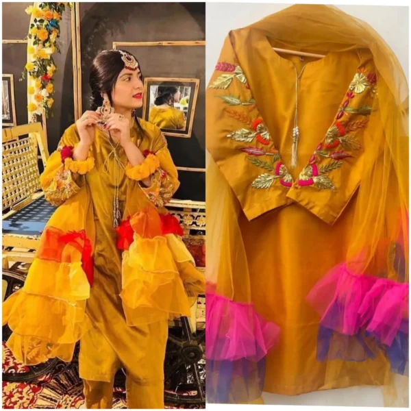 embroidered sleeves kurti with frill dupatta & trouser (3 piece suit) embroidered dresses for women