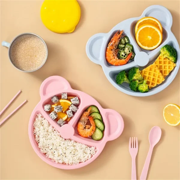5 pcs bear plate set - cartoon compartment dinner plate | includes divided plate, fork & spoon, perfect for toddlers & preschoolers (random color) - Image 9