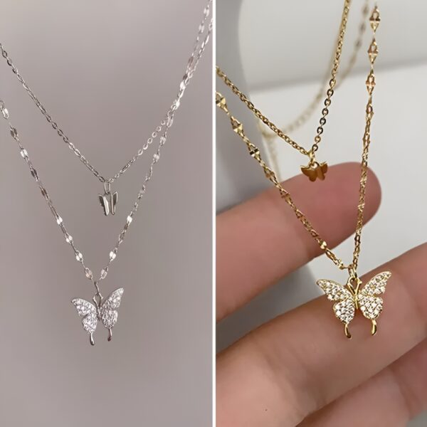 koren double layer pendent smart butterfly with diamonties attach best for young girls and ladies | women double layer pendant chain silver butterfly necklace chain