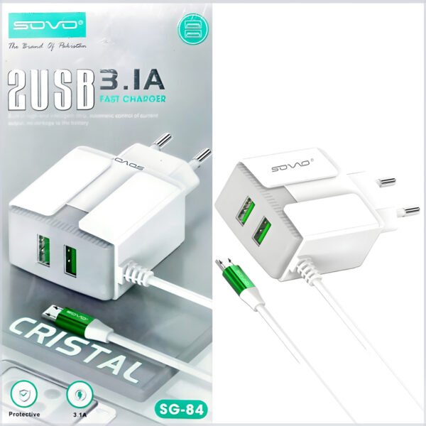 sovo sg-84 crystal 3.1-amp 2usb high quallity micro cable fast charger