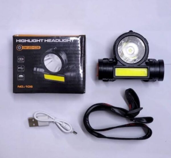 2 in 1 headlight torch lamp – 3w led+cob with built-in battery, waterproof & usb charge – model: 108 - Image 5