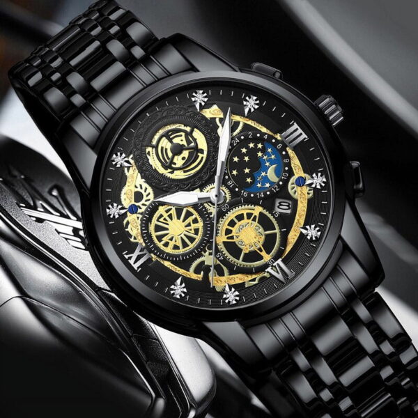 stainless steel strap bin bond fashion watch with smart lock watch for men multifunction chronograph dial analog quartz wristwatch (black)