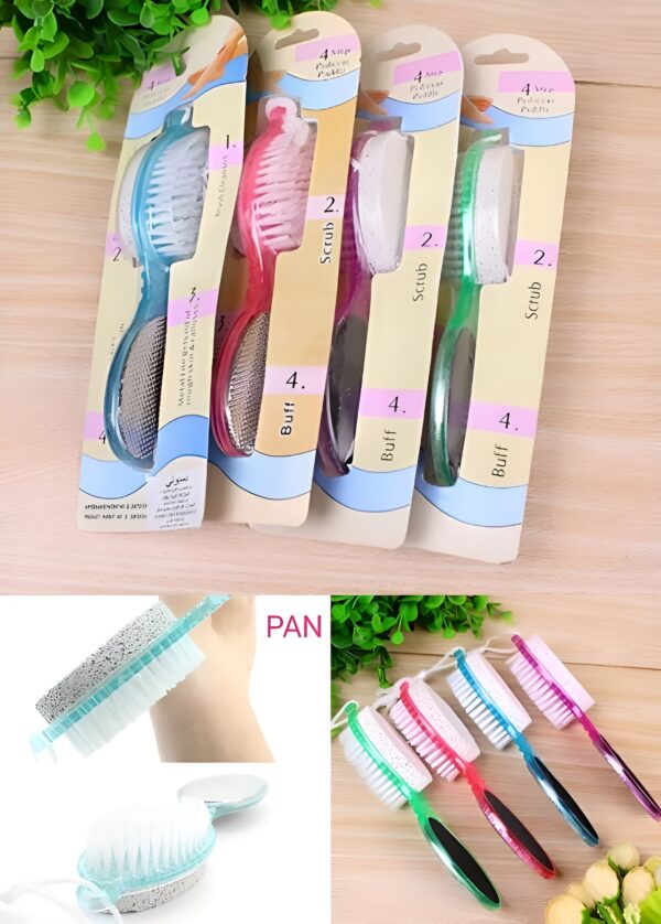 4 in 1 foot scrubber | multi use pedicure paddle brush - 4 step pedicure cleanse, scrub, file and buff (random color)