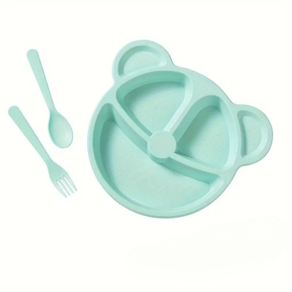 5 pcs bear plate set - cartoon compartment dinner plate | includes divided plate, fork & spoon, perfect for toddlers & preschoolers (random color) - Image 4