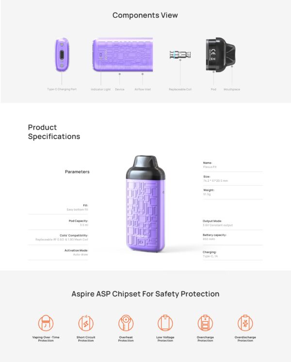 aspire flexus fit pod kit system - 850mah battery, 3.5ml cartridge, auto draw, type-c charging ( random color ) - Image 4