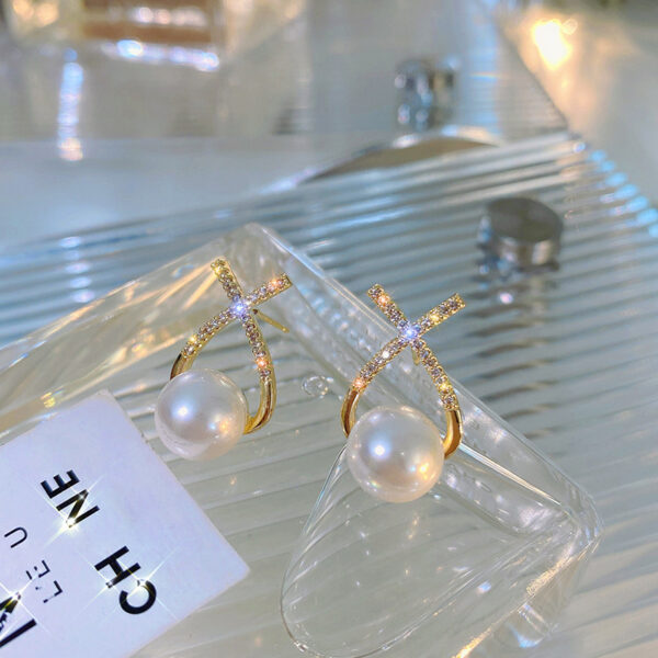 elegant golden cross pearl zircon earings pearl stud earrings women personality fashion unique design earrings | earrings for women fashion | luxury look artificial earrings | women earrings - Image 5