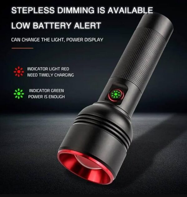 cb2208 aluminium alloy flashlight 1000w wick with 26650 battery– strong, durable light with low battery alert & power indicator