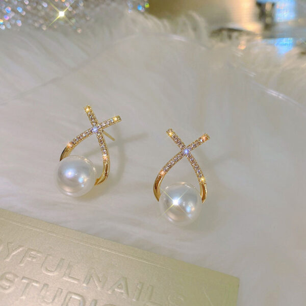elegant golden cross pearl zircon earings pearl stud earrings women personality fashion unique design earrings | earrings for women fashion | luxury look artificial earrings | women earrings - Image 6