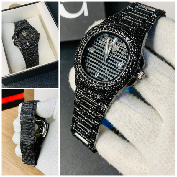 new watch collection black stone / blacked iced out stain-less steel chain watch for mens fashion (black color with box)