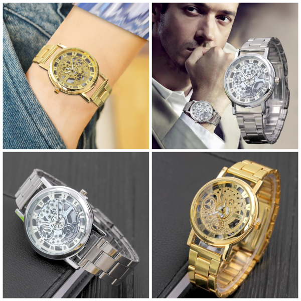 luxury stainless steel band casual skeleton watch for men