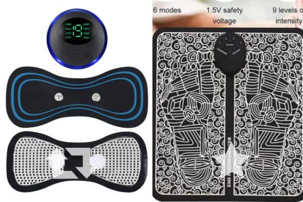 pack of 2 ems butterfly portable neck massager rechargeable, and  ms foot massager pad improve blood circulation