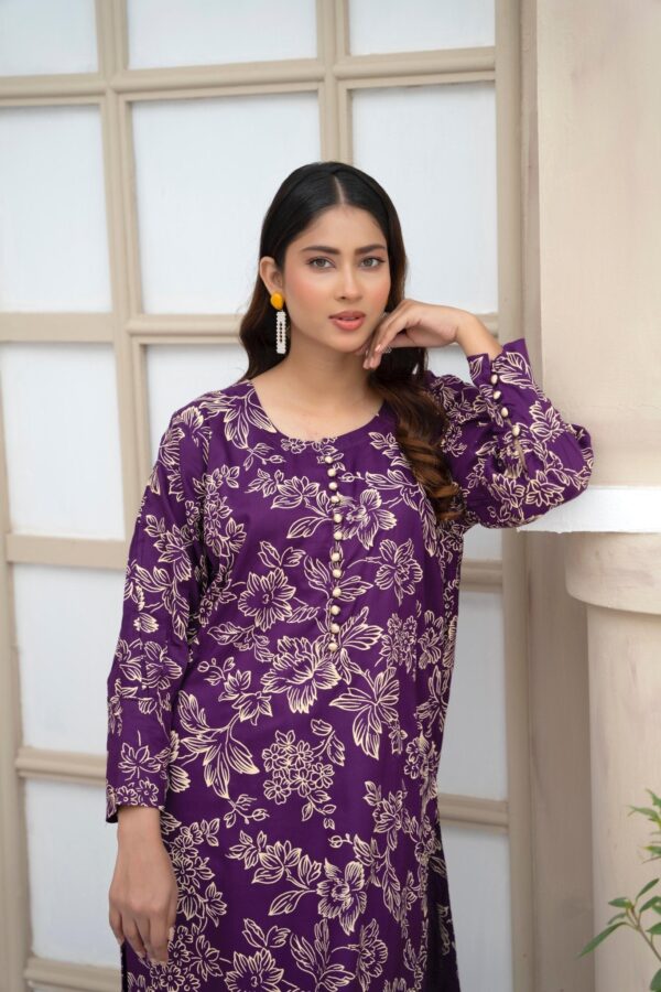 flower printed suit pcs stitched suit stone winter linen suit winter collection (purple) - Image 2