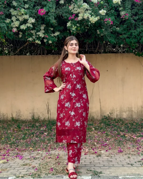 2pcs flower printed suit stitched suit stone winter linen suit winter collection  (maroon) - Image 6