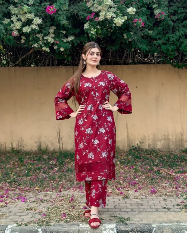 2pcs flower printed suit stitched suit stone winter linen suit winter collection  (maroon)