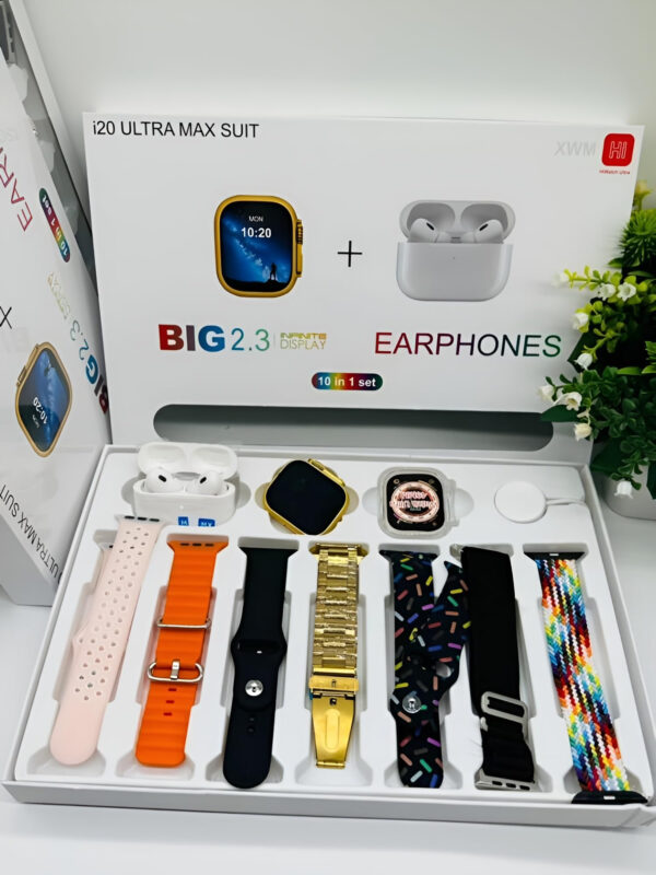 i20 ultra max suit smart watch 10 in 1 box 2.3inch large screen with 7 strips smartwatch with airpords2 (random color)